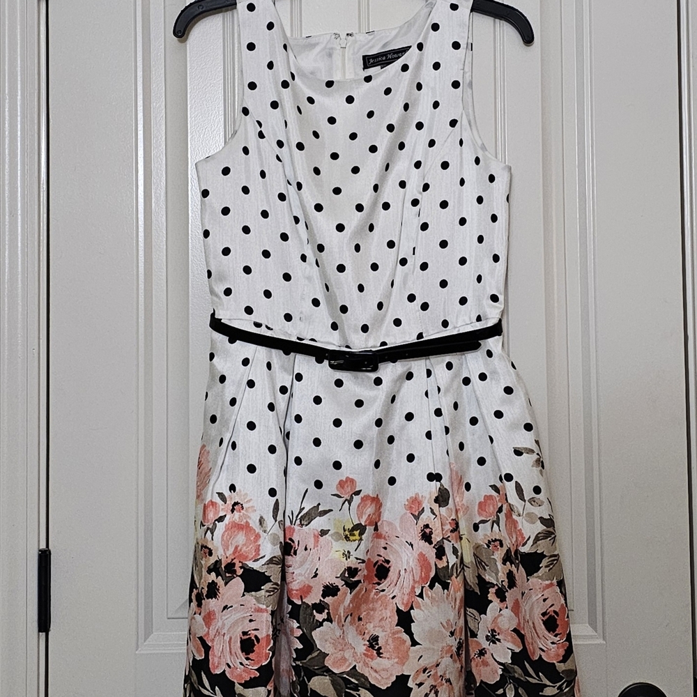 Jessica Howard Black Polka Dot and Floral Midi Dress